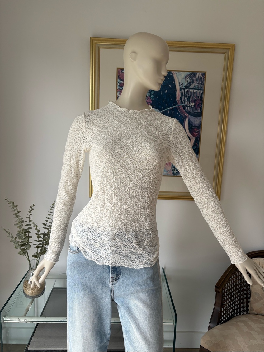 ESQUALO Cream Lace Long-Sleeve Top